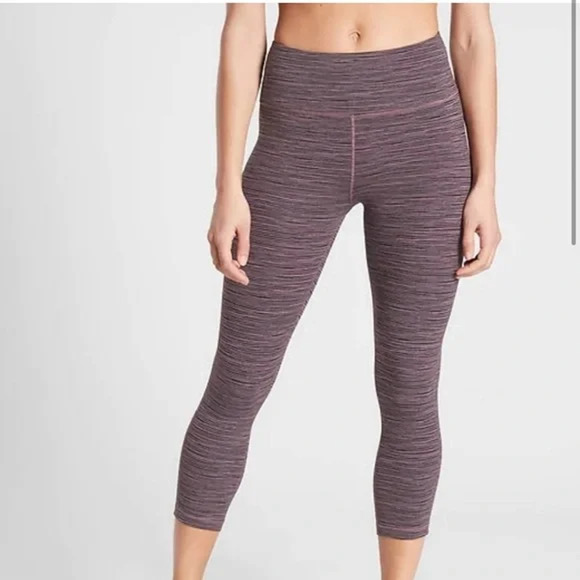 Athleta Leggings XXS Ultimate Capri Purple Striped High Rise Pocket Tight - Picture 1 of 11